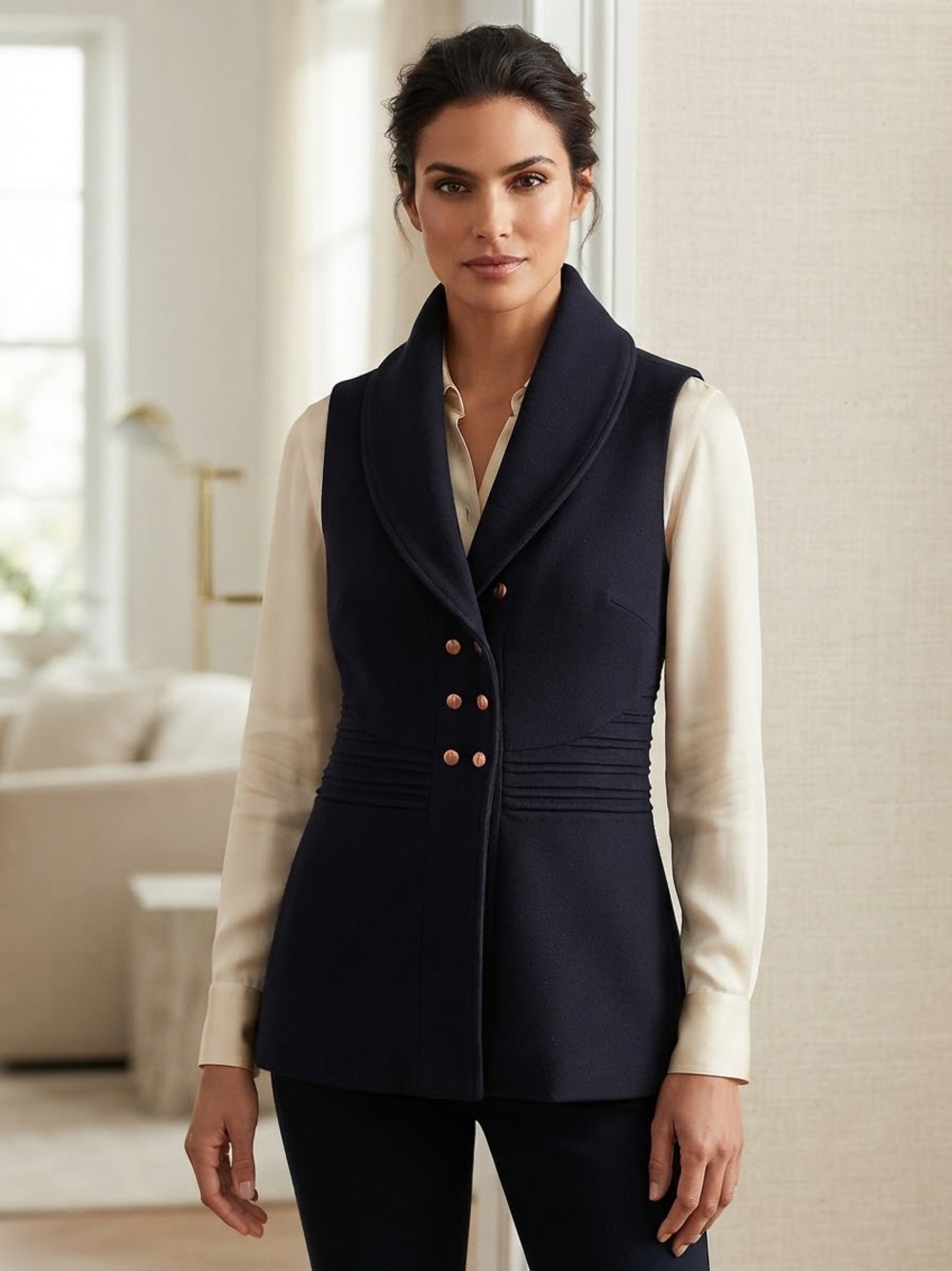 Double-Breasted Shawl-Collar Sleeveless Vest in Navy